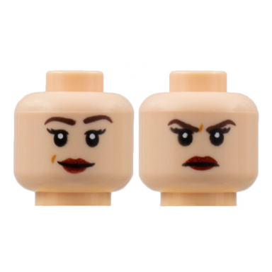 light nougat minifigure head dual sided female medium nougat eyebrows peach lips smile scowl pattern