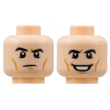 light nougat minifigure head dual sided black eyebrows medium nougat cheek lines raised right eyebrow grin with teeth pattern
