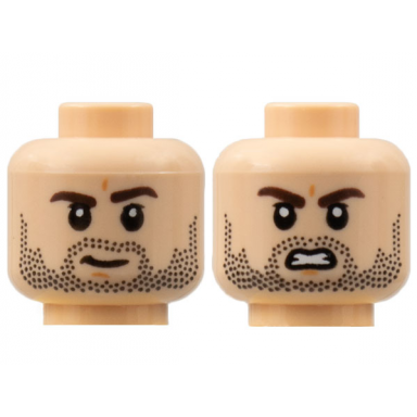 light nougat minifigure head dual sided dark brown eyebrows black stubble slight grin scowl with gritted teeth pattern