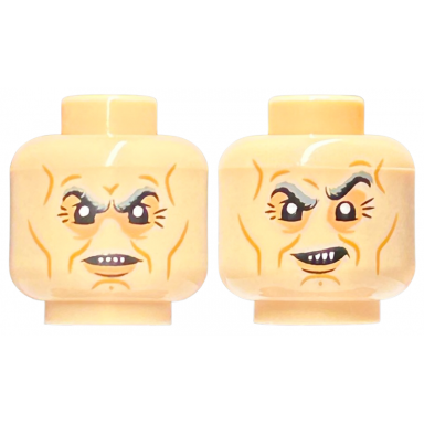 light nougat minifigure head dual sided dark bluish gray eyebrows nougat eye shadow medium nougat cheek lines chin dimple and wrinkles grin scowl with 4 sharp teeth pattern