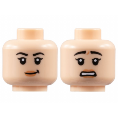 light nougat minifigure head dual sided female black eyebrows peach lips lopsided grin scared pattern