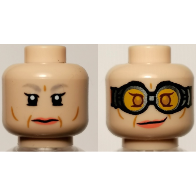 light nougat minifigure head dual sided female light bluish gray eyebrows black single eyelashes lower eyelids medium nougat cheek and jowl lines coral lips neutral lopsided grin and goggles with yellow lenses pattern