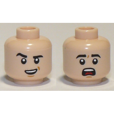 light nougat minifigure head dual sided black eyebrows raised right eyebrow open smile scared pattern