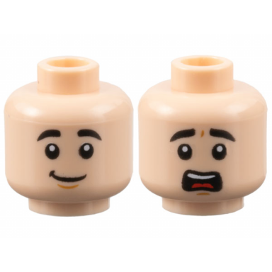 light nougat minifigure head dual sided black eyebrows smile scared pattern