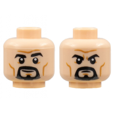 light nougat minifigure head dual sided black eyebrows and goatee medium nougat cheek lines and chin dimple furrowed brow grin frown pattern
