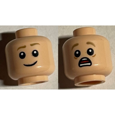 light nougat minifigure head dual sided olive green eyebrows smirk scared pattern