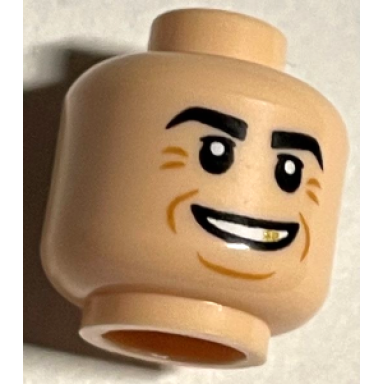 light nougat minifigure head black eyebrows mean grin and gold tooth pattern