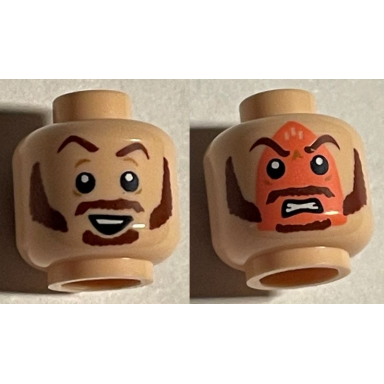 light nougat minifigure head dual sided reddish brown eyebrows moustache sideburns raised eyebrow with smirk angry with iron burn print pattern