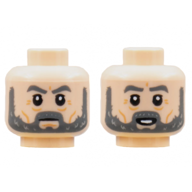 light nougat minifigure head dual sided dark bluish gray eyebrows and beard medium nougat ages lines neutral surprised pattern