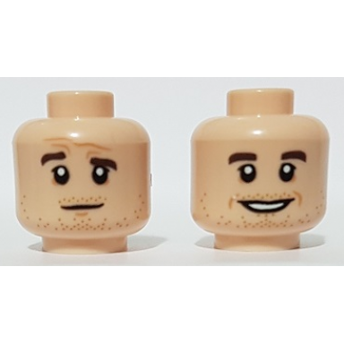 light nougat minifigure head dual sided dark brown eyebrows stubble open mouth smile quizzical pattern