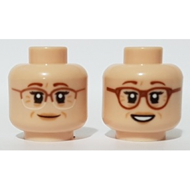 light nougat minifigure head dual sided female reddish brown eyebrows cheek and brow lines glasses smile open mouth smile pattern