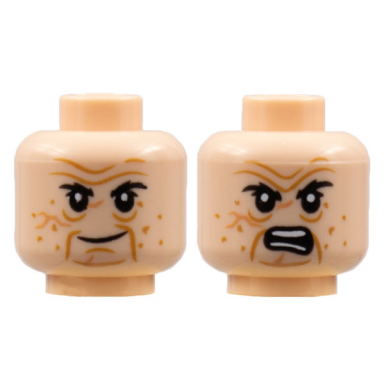 light nougat minifigure head dual sided black eyebrows dark orange wrinkles and blemishes grin angry pattern