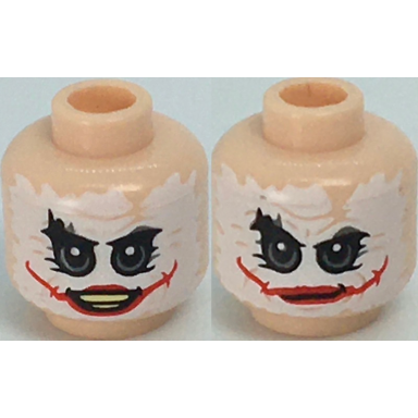 light nougat minifigure head dual sided white mask with gray eyes red scars grin closed mouth pattern the joker