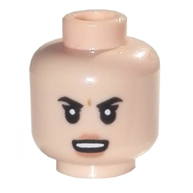 light nougat minifigure head female black eyebrows open smile and white teeth angry frown pattern