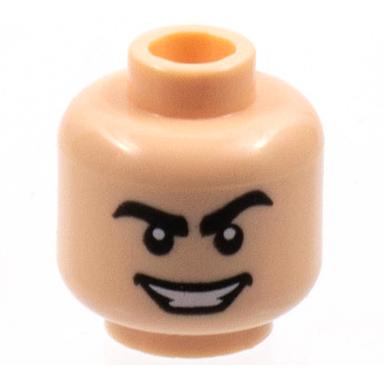 light nougat minifigure head black thick eyebrows left raised wide sinister smile with teeth pattern