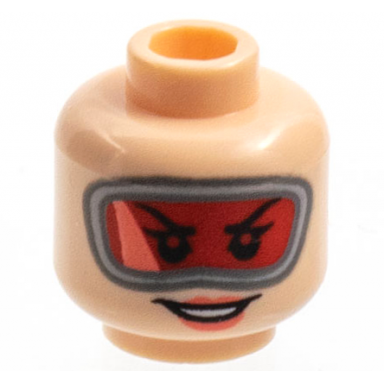 light nougat minifigure head female red large goggles coral lips open smile pattern