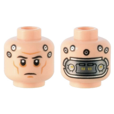 light nougat minifigure head black eyebrows dark orange cheek lines and chin dimple silver circles and metal mechanical panel pattern