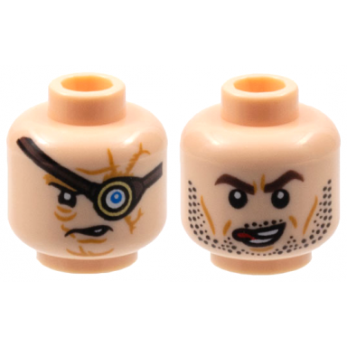 light nougat minifigure head dual sided hp mad-eye moody with magic eye reddish brown eye patch dark orange scars open mouth barty crouch jr dark brown eyebrows black stubble red tongue licking lips pattern
