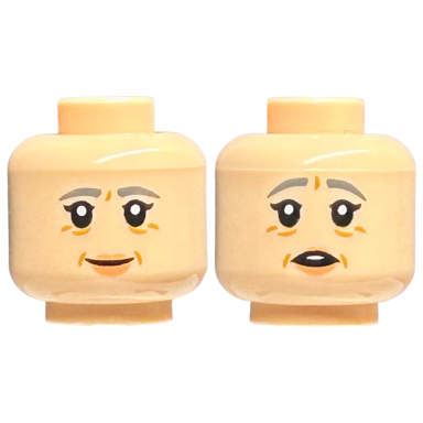 light nougat minifigure head dual sided female dark bluish gray eyebrows black eyelashes medium nougat dimples and wrinkles nougat lips grin concerned open mouth with top teeth pattern