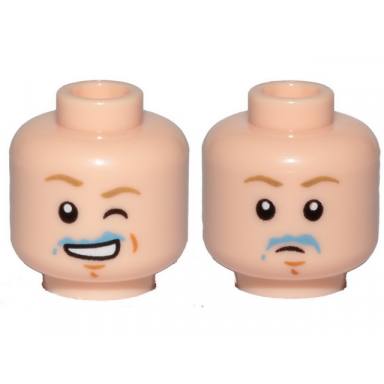 light nougat minifigure head dual sided dark tan eyebrows chin dimple blue milk stains open mouth smile and wink sad pattern sw luke skywalker