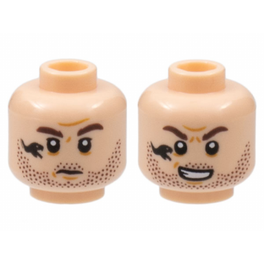 light nougat minifigure head dual sided beard stubble reddish brown eyebrows black snake tattoo mouth closed mouth open pattern