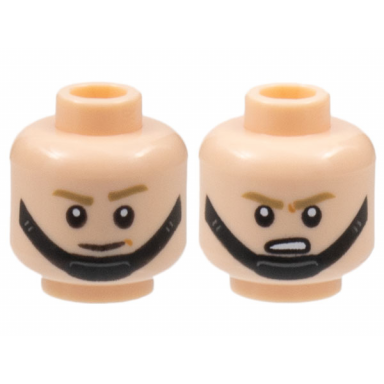 light nougat minifigure head dual sided sw dark tan eyebrows black chin strap smirk grimace pattern