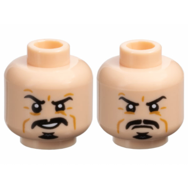 light nougat minifigure head dual sided black eyebrows moustache and goatee medium nougat cheek lines and wrinkles open mouth smile with teeth scowl pattern