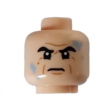 light nougat minifigure head black eyebrows furrowed brow crows feet cheek lines and water drops pattern