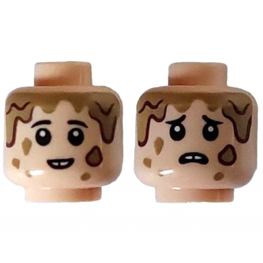 light nougat minifigure head dual sided child black eyebrows dark tan mud spots open mouth smile with teeth with gap scared pattern