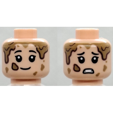 light nougat minifigure head dual sided child female black eyebrows single eyelashes dark tan mud spots grin scared open mouth with teeth pattern