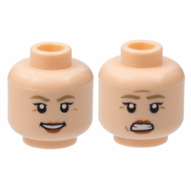 light nougat minifigure head dual sided female dark tan eyebrows dark orange lips smile scared pattern