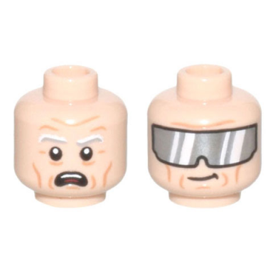 light nougat minifigure head dual sided wrinkles and white and light bluish gray eyebrows open mouth frown silver visor with reflections pattern