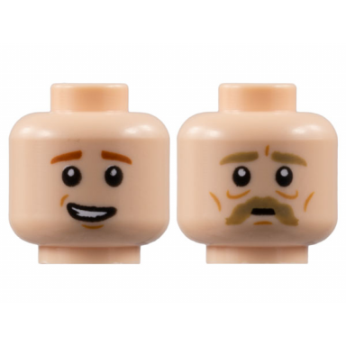light nougat minifigure head dual sided dark tan thick eyebrows and moustache nougat cheek lines dark orange eyebrows worried smile pattern