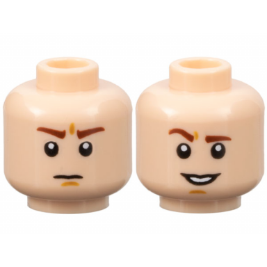 light nougat minifigure head dual sided reddish brown eyebrows right raised chin dimple open mouth grin with teeth stern eyebrows and scowl face pattern