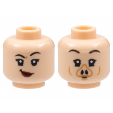 light nougat minifigure head dual sided female black eyebrows lopsided grin with dark red lips pig snout pattern