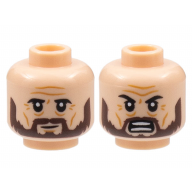 light nougat minifigure head dual sided black eyebrows dark brown beard crows feet neutral fierce pattern