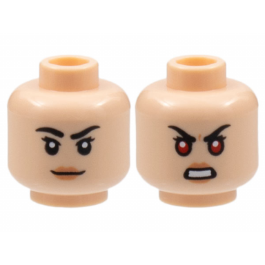light nougat minifigure head dual sided female black eyebrows short eyelashes nougat lips grin bared teeth and red eyes pattern