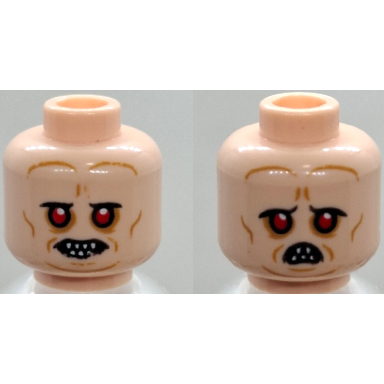 light nougat minifigure head dual sided alien with red eyes bared pointed teeth medium nougat wrinkles neutral frown with narrow open mouth pattern