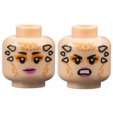 light nougat minifigure head dual sided female dark pink lips dark orange eye shadow tan horns neutral grimace pattern sw theelin dancer