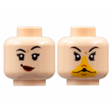 light nougat minifigure head dual sided female black eyebrows lopsided grin with dark red lips bright light orange goose duck bill pattern