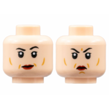 light nougat minifigure head dual sided female black eyebrows dark red lips medium nougat contour lines small smile scowl pattern