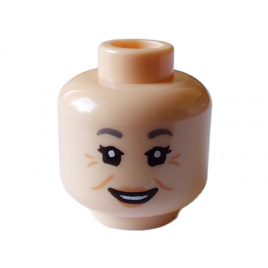 light nougat minifigure head female dark bluish gray eyebrows open smile medium nougat cheek lines and crows feet pattern