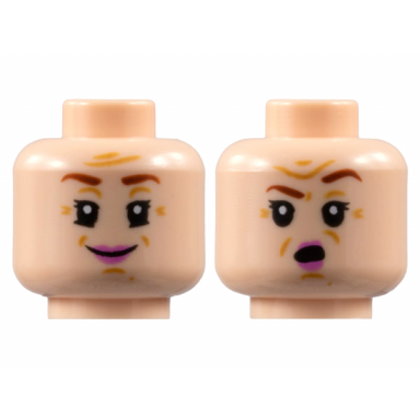 light nougat minifigure head dual sided female reddish brown eyebrows medium nougat wrinkles dark pink lips smile surprised pattern
