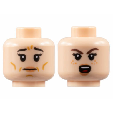 light nougat minifigure head dual sided female black eyebrows peach lips medium nougat wrinkles reddish brown eyebrows angry pattern