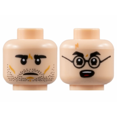light nougat minifigure head dual sided black eyebrows neutral with stubble surprised with black glasses and lightning scar pattern