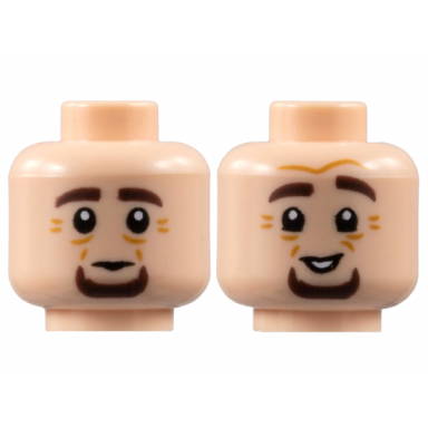 light nougat minifigure head dual side dark brown eyebrows and goatee medium nougat wrinkles neutral smile pattern