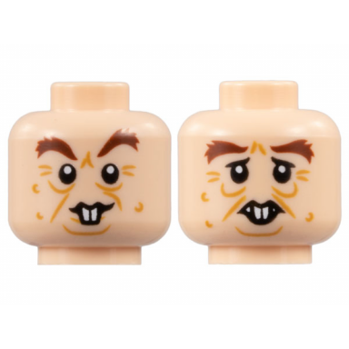 light nougat minifigure head dual sided reddish brown bushy eyebrows medium nougat wrinkles and wrinkles buck teeth lopsided grin worried pattern