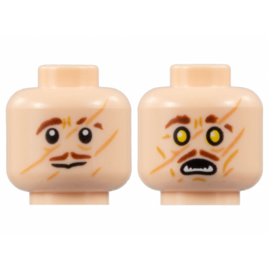 light nougat minifigure head dual sided reddish brown eyebrows and moustache slash scars neutral yellow eyes and white fangs pattern