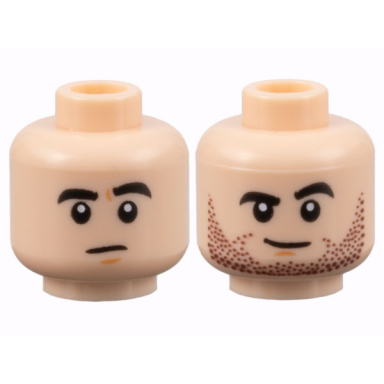 light nougat minifigure head dual sided black thick eyebrows neutral lopsided grin with dark brown stubble pattern