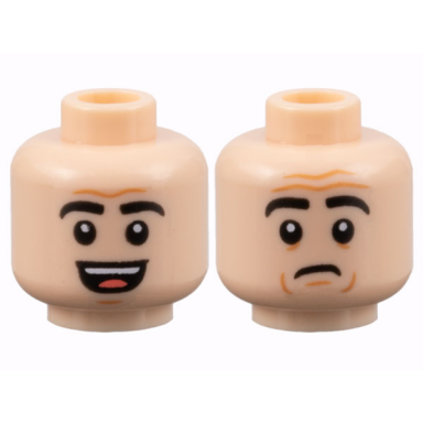 light nougat minifigure head dual sided black eyebrows medium nougat contour lines open mouth smile with teeth and tongue worried pattern